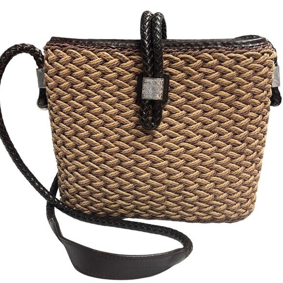 Brighton Handbags - Vintage Brighton Crossbody Tan Cream Jute Brown Woven Leather Crossbody Strap
